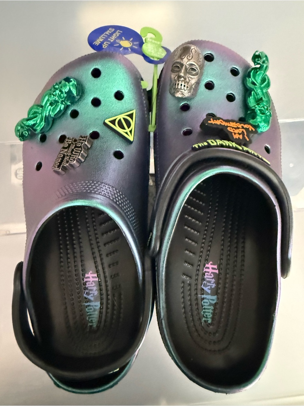 CROCS Men's Iridescent Green-Purple Slip-On Clogs with Charms